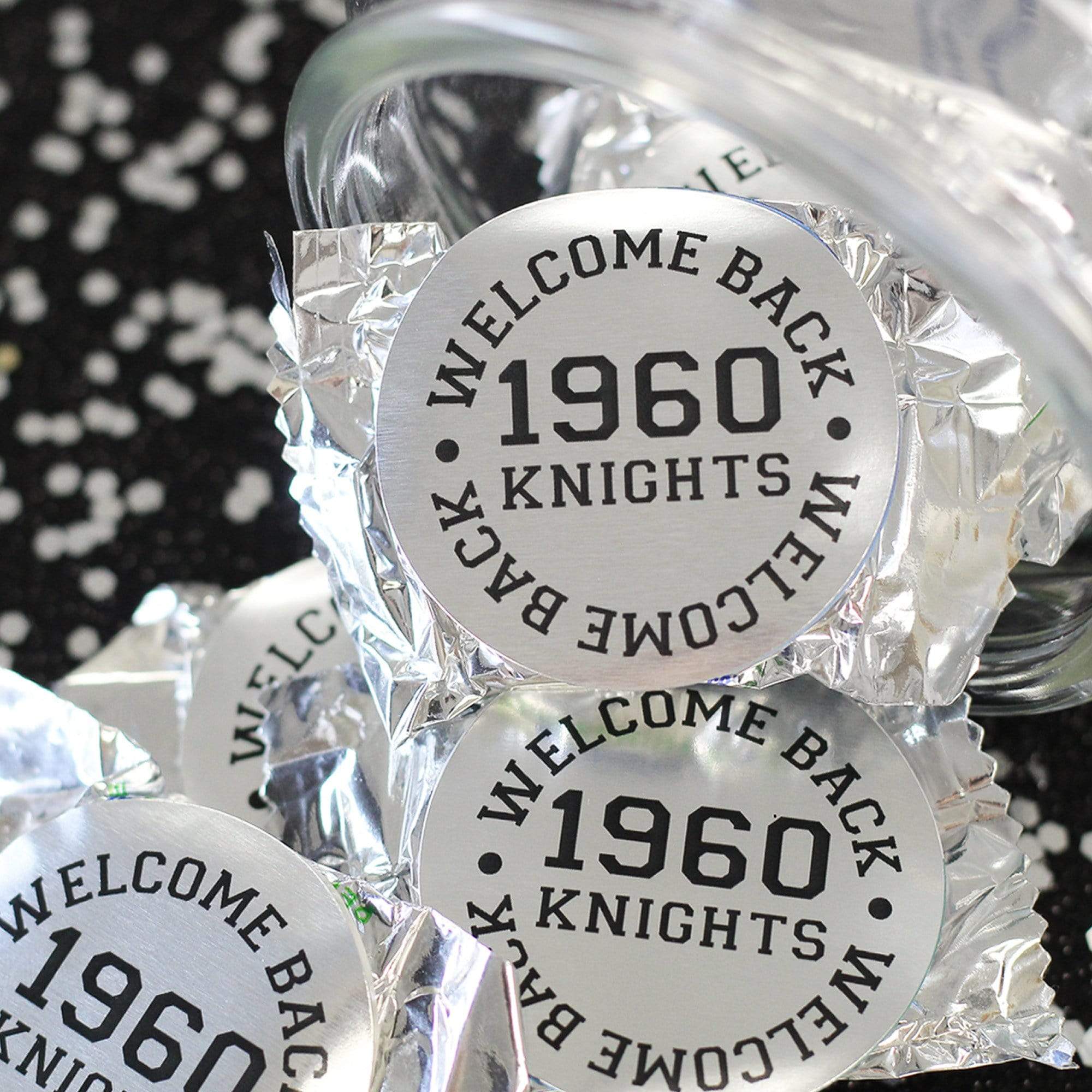 Silver Black Personalized Class Reunion Party Large Round Labels - 40 ct (12 Color Choices)